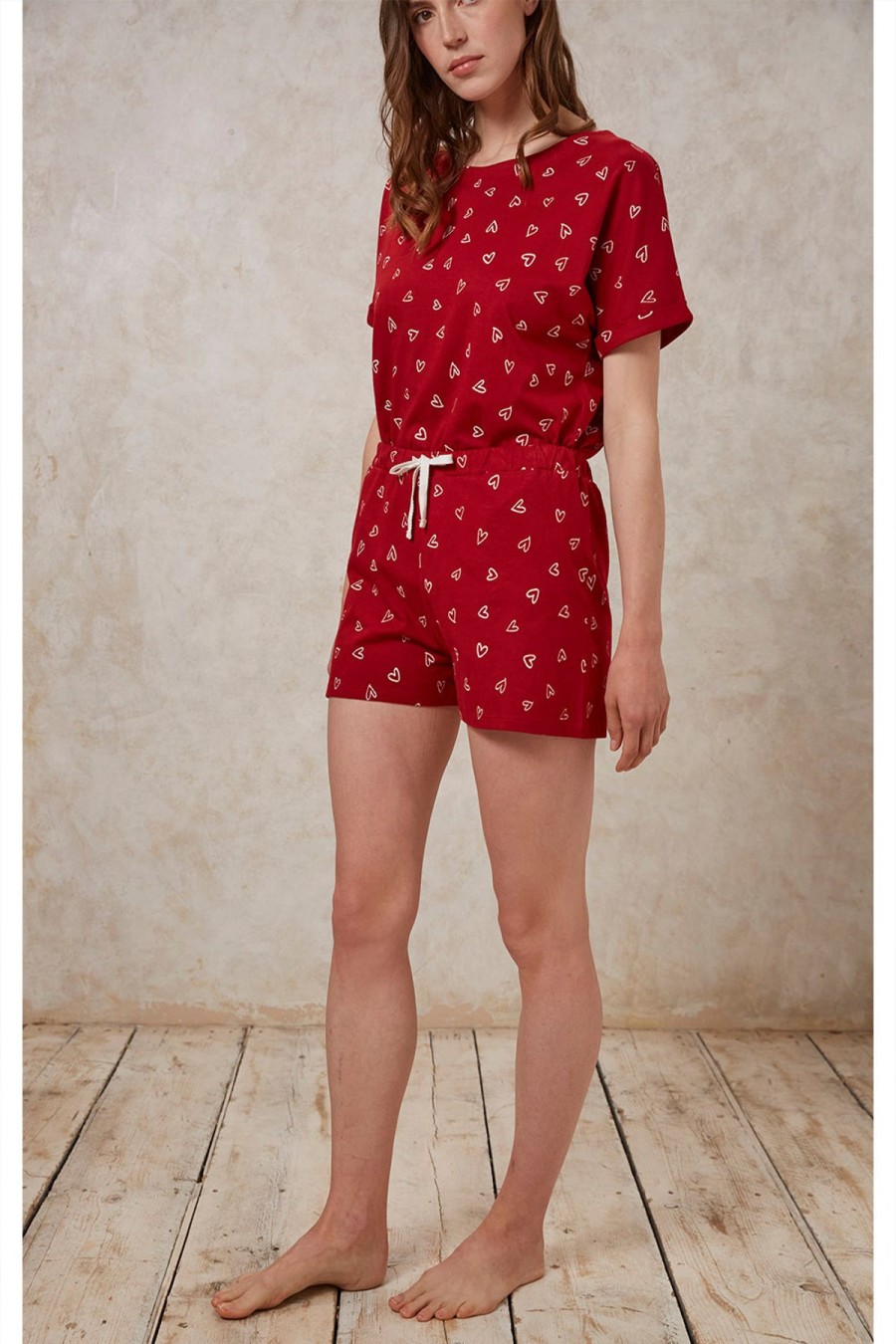 Naiset People Tree Yovaatteet | Naisten Hearts Pyjamashortsit - 100 % Luomupuuvillaa, Sertifioitu Puuvilla Red